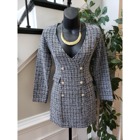 SHEIN Dresses & Skirts - SHEIN Shift Dress Womens S Black & White Tweed Double Button V Neck Back Zip